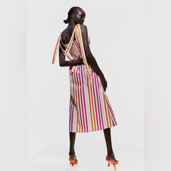 H&M Tie Long Strap Striped Flared Midi Dress In Cerise Striped - Picture 12 of 12